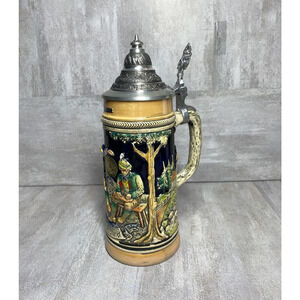 Vintage German Beer Stein Pewter Lid Hand Painted Relief 10" Tall Mug Zinnedecke